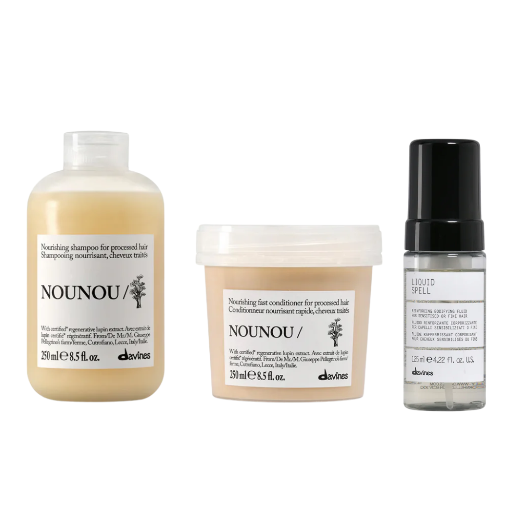 Davines NOUNOU + Liquid Spell Trio | Repair & Bodifying Bundle for Processed Fine Hair