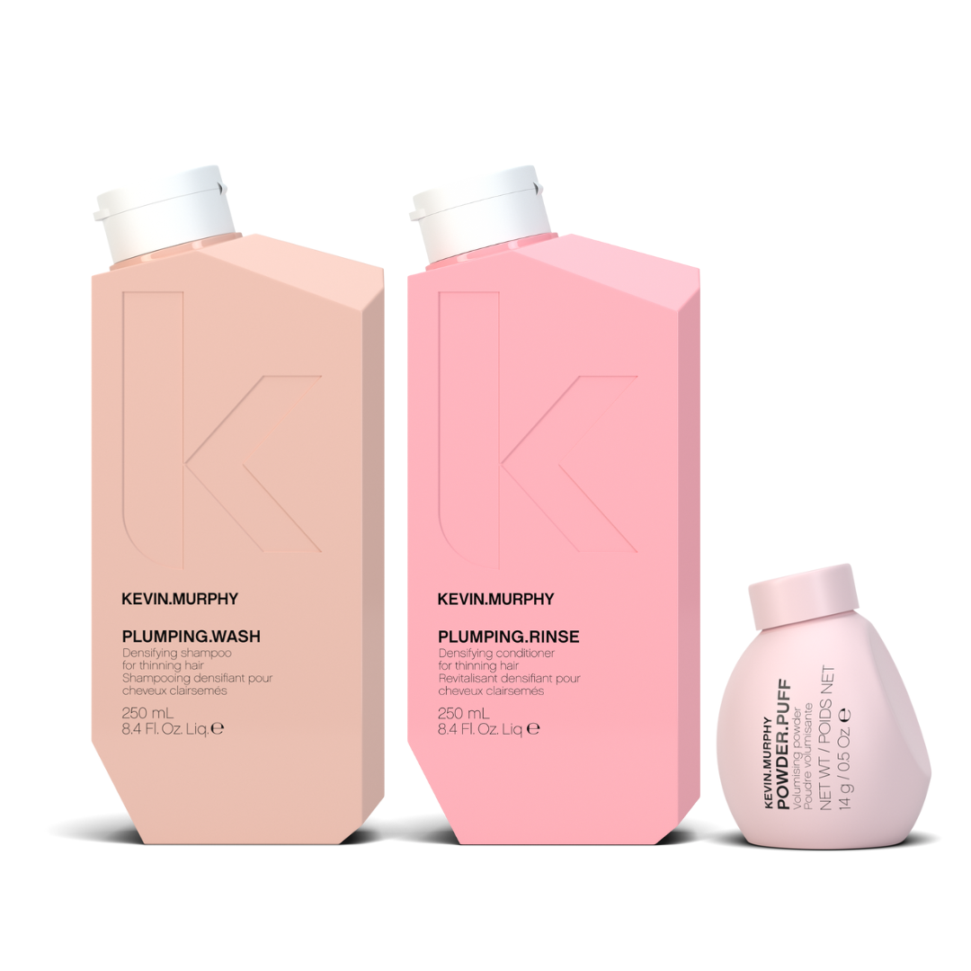 Kevin Murphy Plumping Wash + Rinse + Powder Puff Trio - Densifying and Volume Set for Fine and Thinning Hair