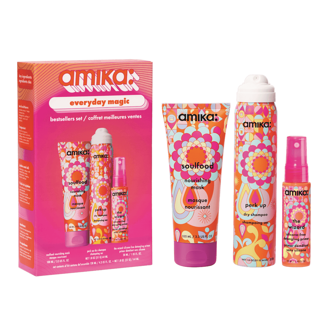 Amika The Art of Blowouts Holiday 2026 gift set — Un.Done Volume + Matte Texture Spray, The Wizard Detangling Primer mini and Perk Up Dry Shampoo mini