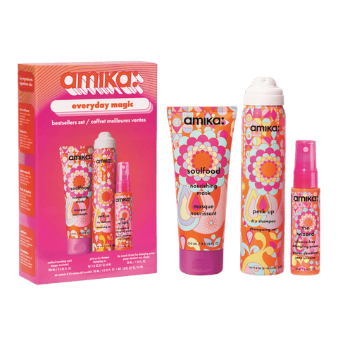 Amika The Art of Blowouts Holiday 2026 gift set — Un.Done Volume + Matte Texture Spray, The Wizard Detangling Primer mini and Perk Up Dry Shampoo mini